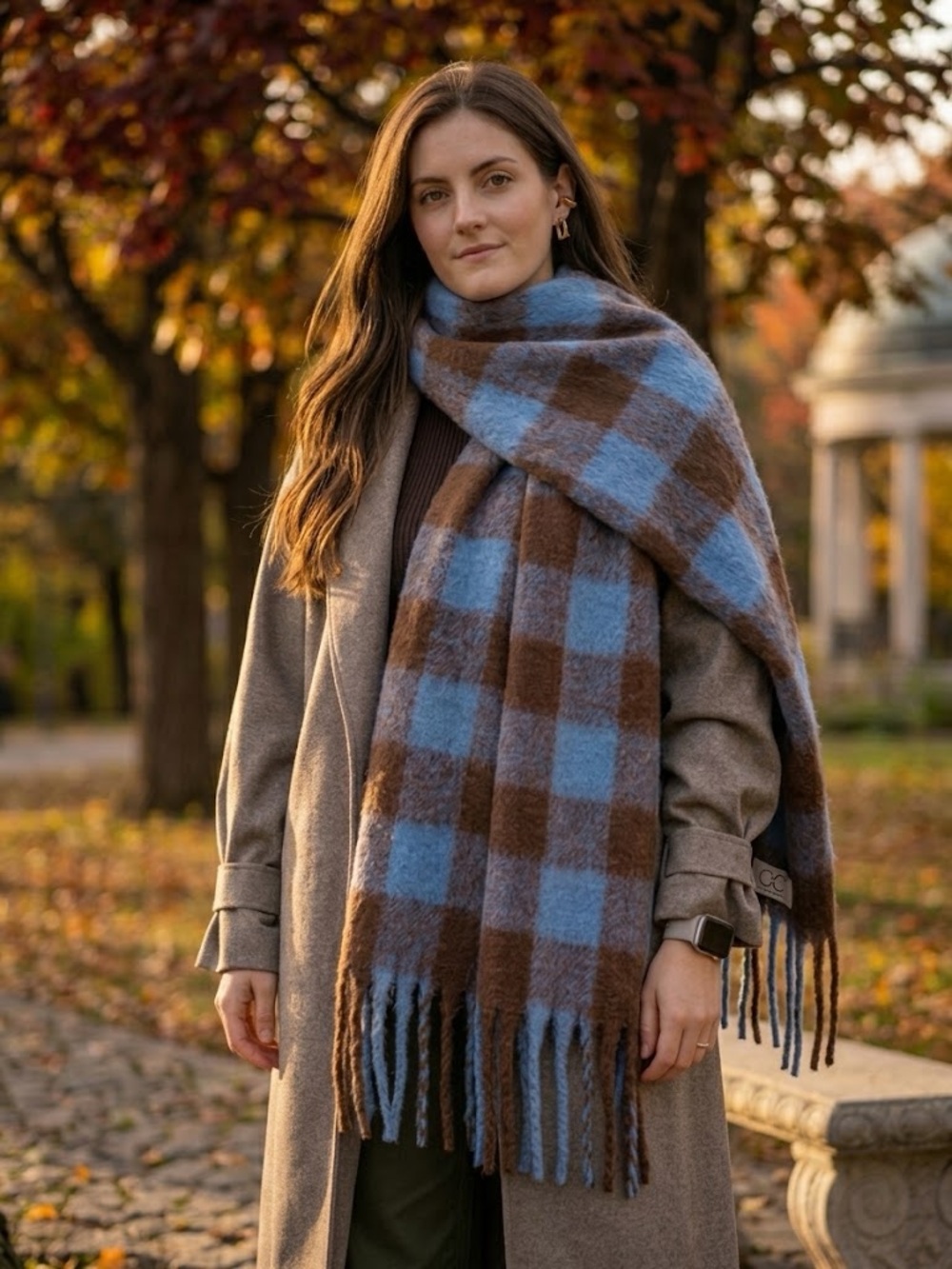 NWT Coster Copenhagen CC Heart Maren Scarf Blue Brown Check